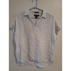 Tahari Popover Tunic 100% Linen White‎ Black Striped Cap Sleeve Small